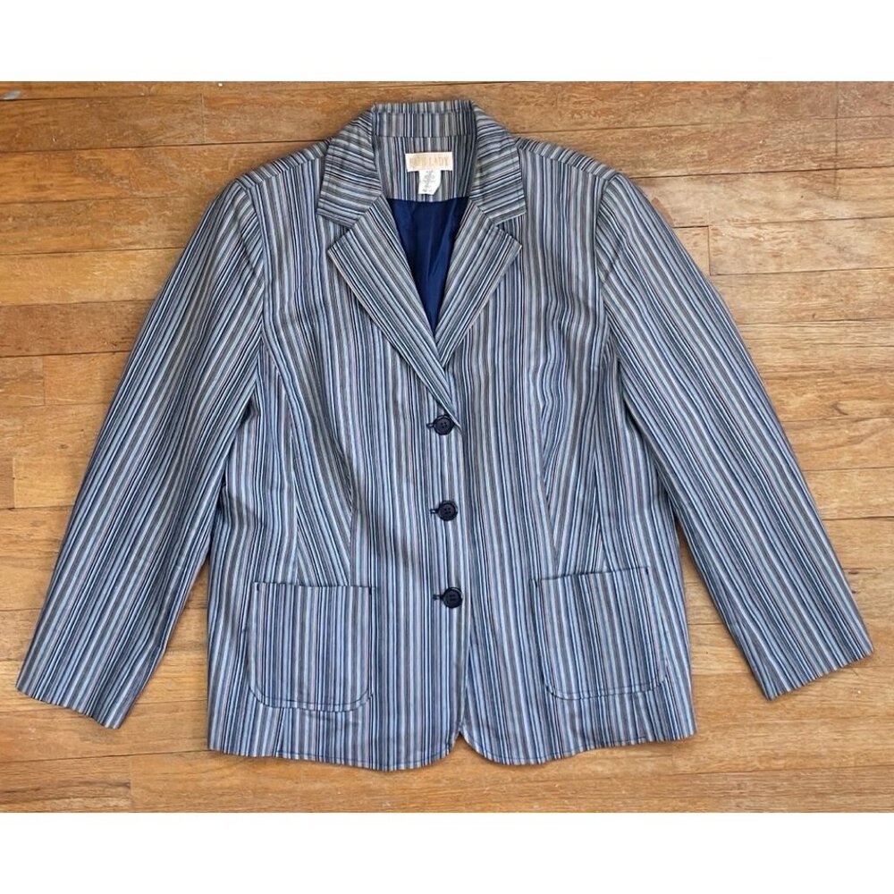 Vintage Striped Cotton Blazer Womens Size Large 1990s Blues Beige Stripes Jacket